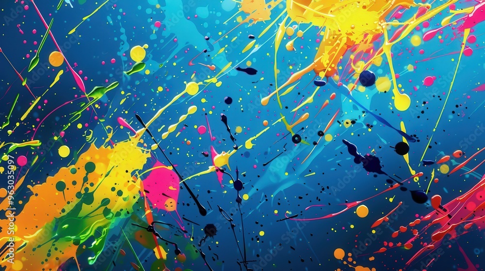 Poster random splatters of paint create an energetic abstract background filled with bright and contrasting