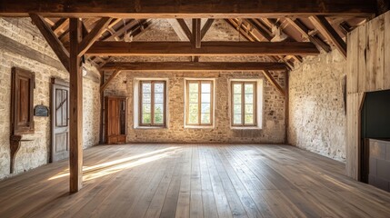 Sunlight Streaming Through Windows in a Rustic Room with Exposed Wooden Beams and Stone Walls