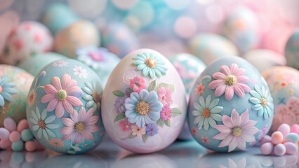 Fototapeta premium Beautifully decorated Easter eggs with floral designs and soft pastel colors