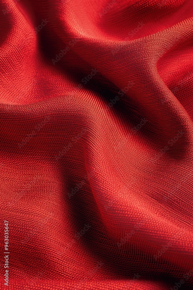 Poster Vibrant red fabric texture pattern close-up view. Unique criss-cross lines add depth dimension surface slightly wrinkled folded draped colors predominantly red hints black white.
