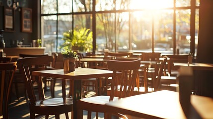 Obraz premium coffee shop scene with empty wooden chairs and tables, sunlight streaming through large windows, creating a peaceful and inviting atmosphere