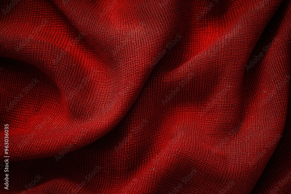 Poster Vibrant red fabric with criss-cross pattern, diagonal zigzag texture. Woven material provides tactile quality. Close-up view from slightly elevated angle shows intricate design details.