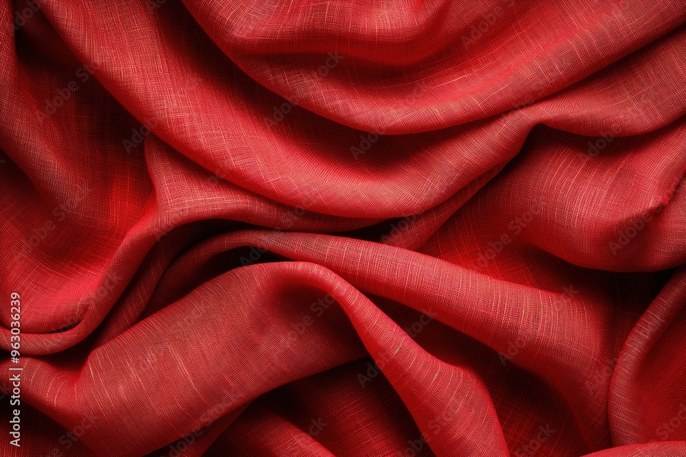 Poster Red fabric texture pattern close-up view. Vibrant woven design with undulating lines creates sense of movement depth. Captured from slightly elevated angle showing intricate details.