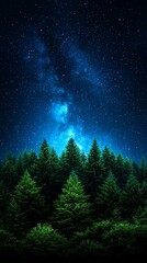 Naklejka premium A mystical forest under a starry night sky, illuminated by a glowing galaxy, creating a serene and enchanting atmosphere.