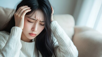 Fototapeta premium A young woman in a white sweater with her hands on her head, looking sad and distressed.