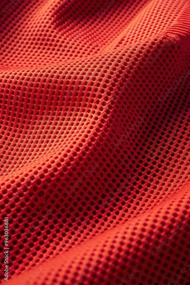 Poster Red fabric with unique texture and grid pattern. Synthetic material possibly polyester, durable. Close-up view of intricate design. Suitable for sports clothing, football shirts, jerseys.