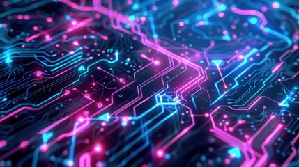Fototapeta premium Digital circuitry patterns with neon highlights form an abstract background that embodies a modern and technological feel.