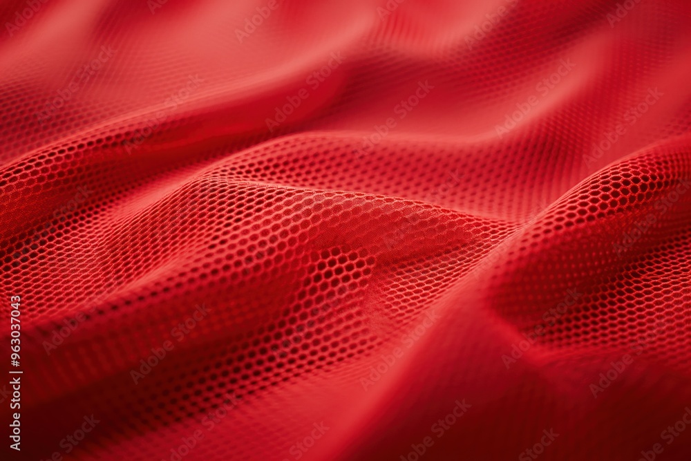 Poster close-up vibrant red fabric with textured surface and small holes. possibly synthetic material with 