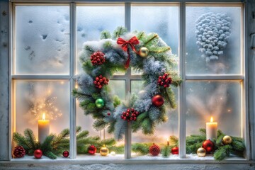 Fototapeta premium Festive holiday wreath on frosty window with glowing candles and christmas decorations