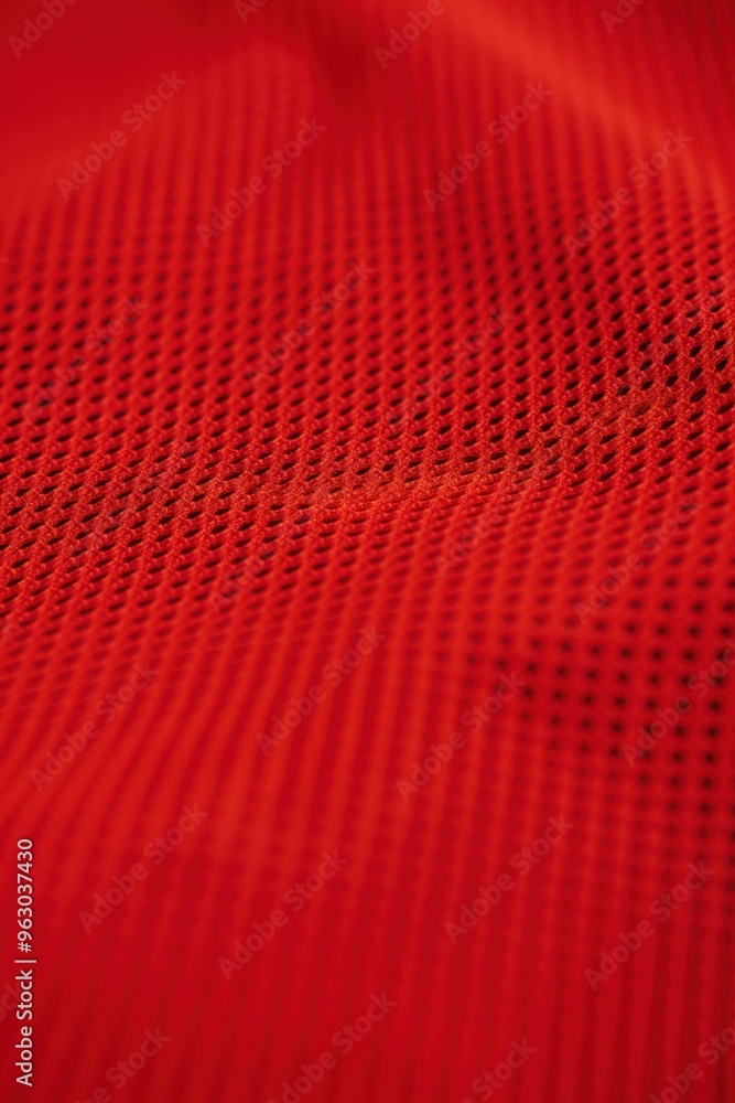Poster Close-up view of red fabric with grid-like pattern. Rough texture and black dots create striking contrast against red background. Macro shot of jersey material with intricate design.