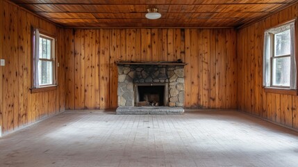 Empty Cabin Interior with Stone Fireplace and Wood Walls
