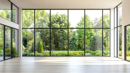 Obraz premium Modern Room With Large Windows Showing Green Trees And Grass