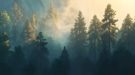 Naklejka premium A vast, untouched forest landscape with towering redwoods, misty fog drifting through the trees, golden hour lighting creating warm hues, awe-inspiring and majestic atmosphere