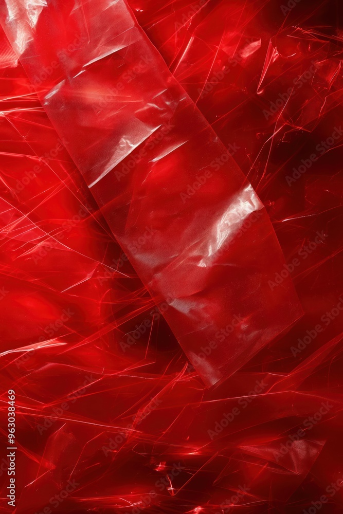 Poster red plastic bag texture close-up. crumpled transparent film wrap folds create unique depth. jagged e