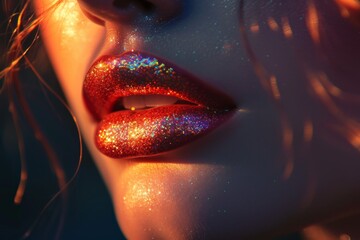 Close up of woman red glittering lips and sparkling face, creating magical and glamorous look