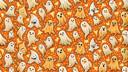Halloween ghost seamless pattern background. Holidays cute ghost cartoon character. orange background. cute ghosts, pumpkins, corn candy, on a violet background