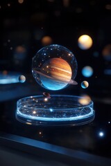 A floating hologram of the solar system with animated planetary movements, showcasing space exploration through digital visualization.