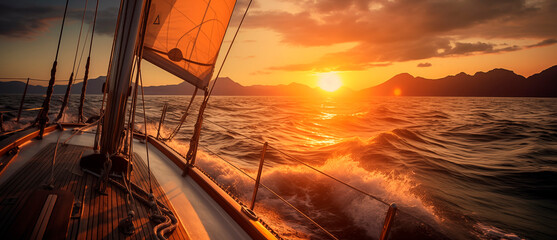 Sailboat on the sea, ocean. Sailing through the waves.