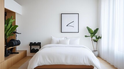 Bedroom with a reading corner and hidden workout space, cozy and functional