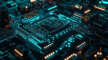 Obraz premium macro shot of a sleek electronic circuit with futuristic elements, illuminated by soft blue and green lights, set against a dark metallic background