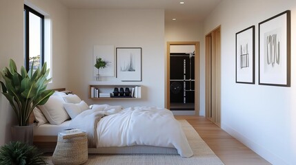Fototapeta premium Bedroom with a reading corner and hidden workout space, cozy and functional