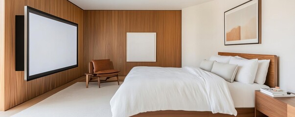 Fototapeta premium Bedroom with a retractable screen for digital art display, modern tech integration