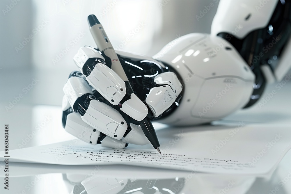 Poster robot arm holds pen ready to write on paper. close-up of mechanical hand with black buttons and whit