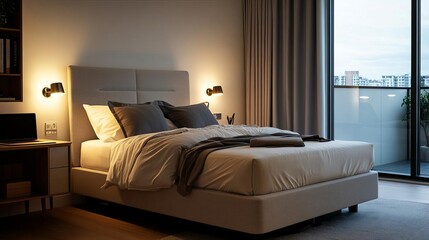 Bedroom with an adjustable bed, reading light, and workspace, comfortable and multi-use