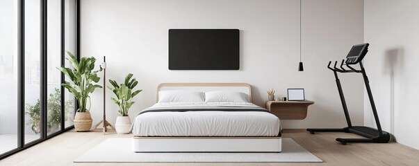 Bedroom with space-saving furniture for sleeping, working, and exercising