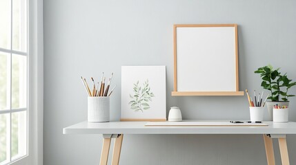 Bright home office with adjustable height desk and art station, ergonomic and creative