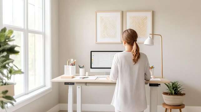 Bright home office with adjustable height desk and art station, ergonomic and creative
