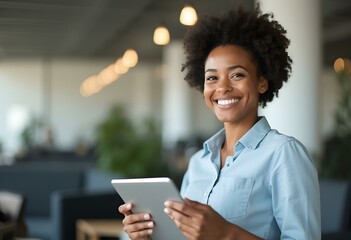 Portrait of happy african businesswoman with touchpad in office looking at camera