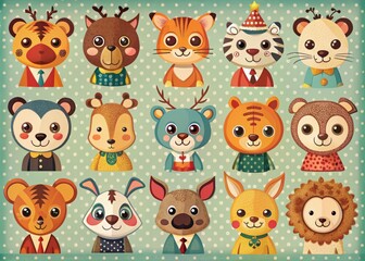 Fototapeta premium Retro Animal Cartoon Icons Style Vintage Mood Whimsical Design
