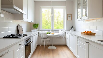 Fototapeta premium Bright kitchen with a breakfast nook that doubles as a workspace, fresh and inviting