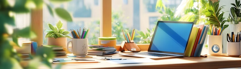 Laptop on desk with pencils and books, home office.