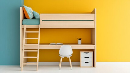 Child's room with a bunk bed and study desk underneath, playful and functional