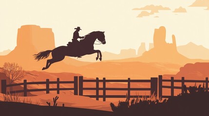 Cowboy Riding Horse Over Fence in Desert Sunset, Wild West Landscape with Silhouette of Rider and Stallion