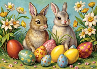 Retro vintage Easter greeting card illustrations