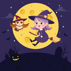 Cute little witch riding a broom with an owl in night time over the graveyard, Happy Halloween, vector illustration.