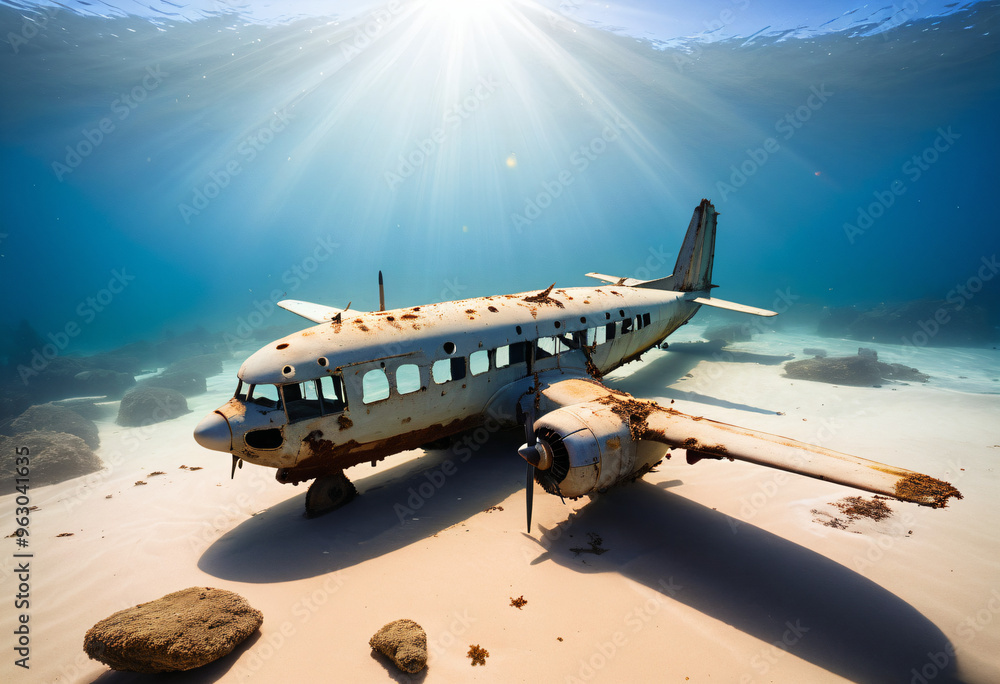 Wall mural photograph of a sandy seabed with rocks and an old sunken plane, blue water, sunlight breaking throu