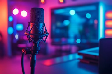 Empty podcast studio interior with no people inside. Media broadcasting and communication room with equipment, neon lighting. Closeup black microphone for sound or audio device, and laptop blurred.
