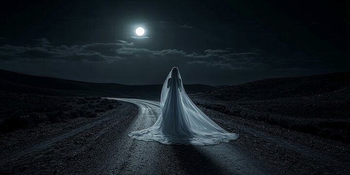 A bride walks alone on a road under a full