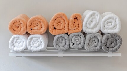 Rolled Towels on a Shelf.