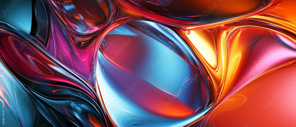 Poster Abstract fluid shapes with vibrant colors blending in dynamic swirls, creating a glossy texture.Abstract background