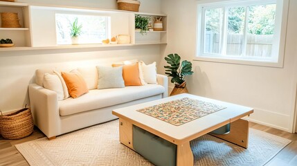 Cozy living area with a fold-out table for puzzles and board games, family-friendly design