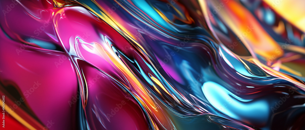 Poster Abstract fluid shapes with vibrant colors blending in dynamic swirls, creating a glossy texture.Abstract background