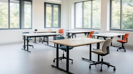 Creative studio with adjustable desks and chairs for various activities, versatile