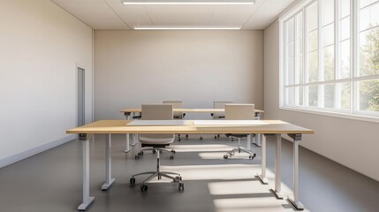 Creative studio with adjustable desks and chairs for various activities, versatile