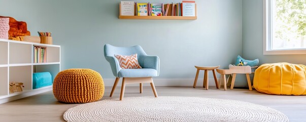 Family den with a reading corner and home-schooling area, educational and cozy