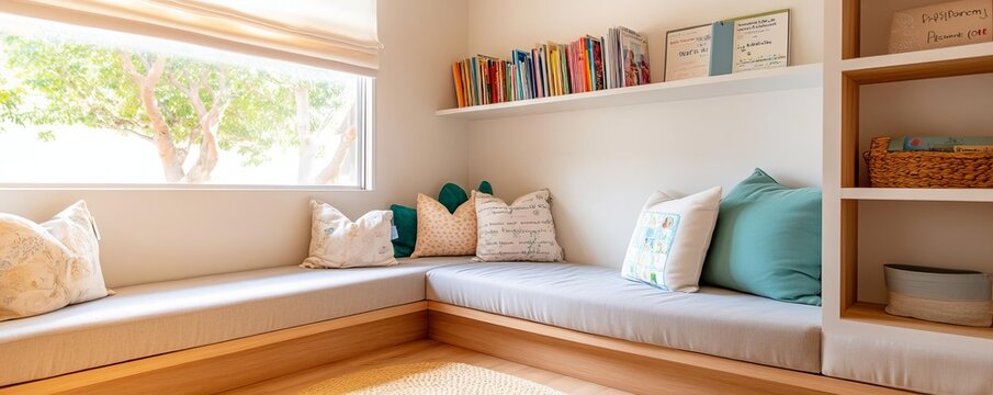 Family den with a reading corner and home-schooling area, educational and cozy